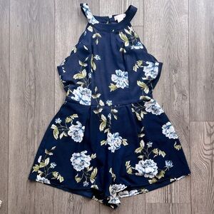 Altar'd State Floral Scallop Edge Neckline Halter Romper Navy Blue Size Large